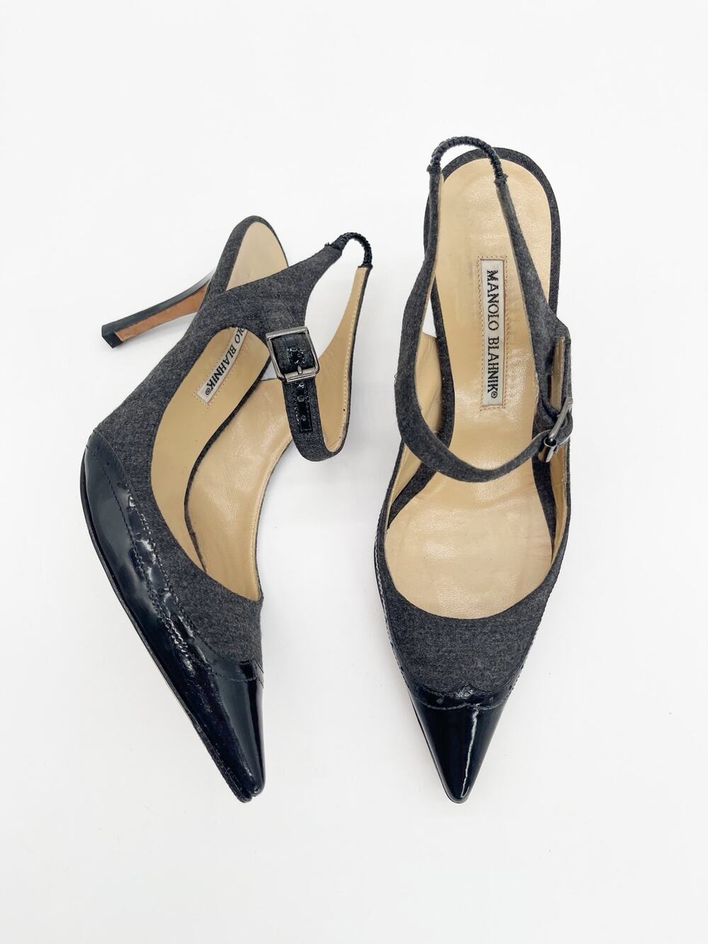 Manolo Blahnik Retro Black Charcoal Wingtip Spectator Ankle Strap Heels IT 37.5